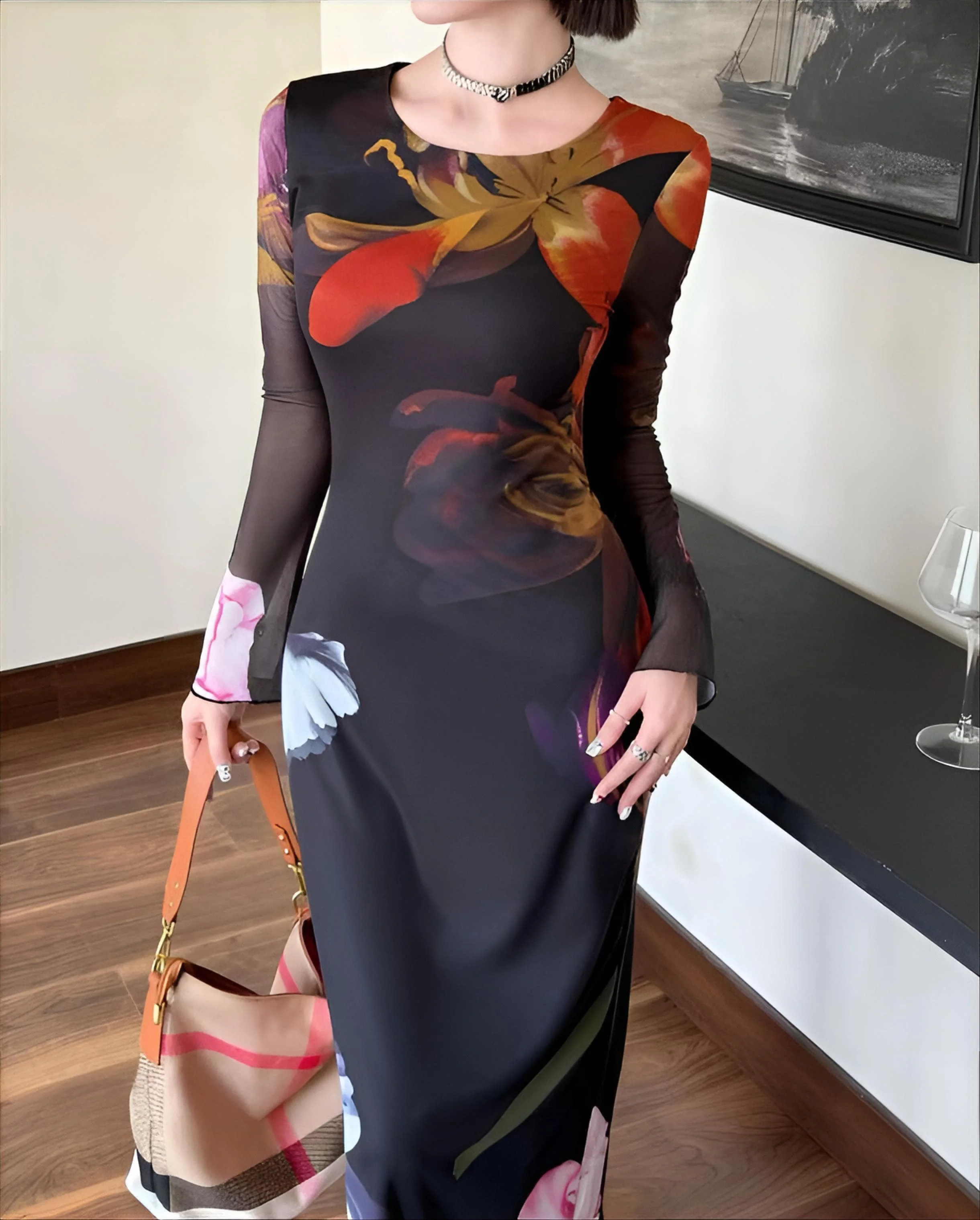 فساتين نسائية فستان موحد للخريف من الساتان واللؤلؤ مطوي ميدي مأدبة نمط فرنسي أنيق أنيق راقي رائع فني يومي #2