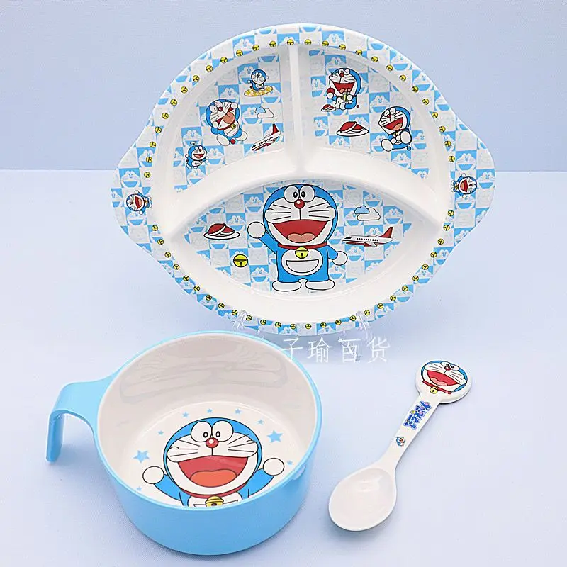 New Children\'s Doraemon cartoon kawaii bowl tableware set cute with handle household food grade eating bowl spoon gift wholesale