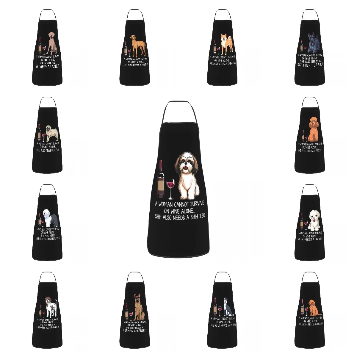 Funny Shih Tzu Dog And Wine Aprons Women Men Cartoon Puppy Adult Unisex Kitchen Chef Bib Tablier Cuisine Cooking Baking Painting