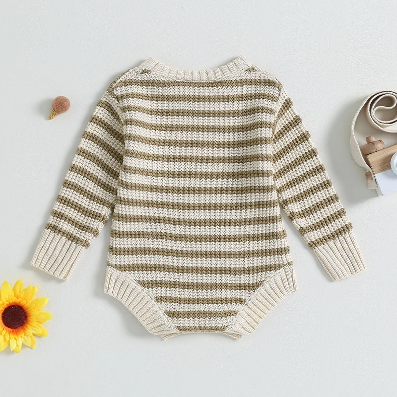 Blotona Newborn Baby Autumn Winter Striped Sweater Romper Khaki Long Sleeve Crew Neck Knitted Playsuit Bodysuit 0-24Months