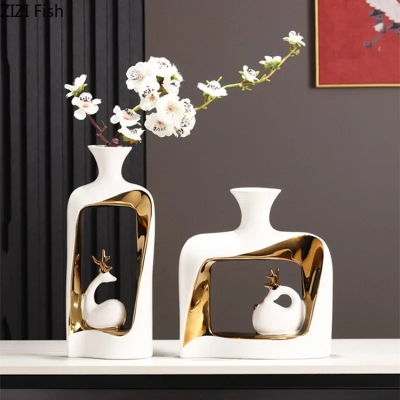 Deer Ceramic Vase Dried Flower Vase Decorative Vases Artificial Flowers Table Ornaments Decoration Crafts Hydroponic Vases