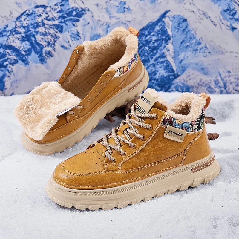 

Winter Warm Fur Men Boots Leather Mens Snow Boots with Fur Handmade Waterproof Male Ankle Boots No-slip High Top Male Work Shoes