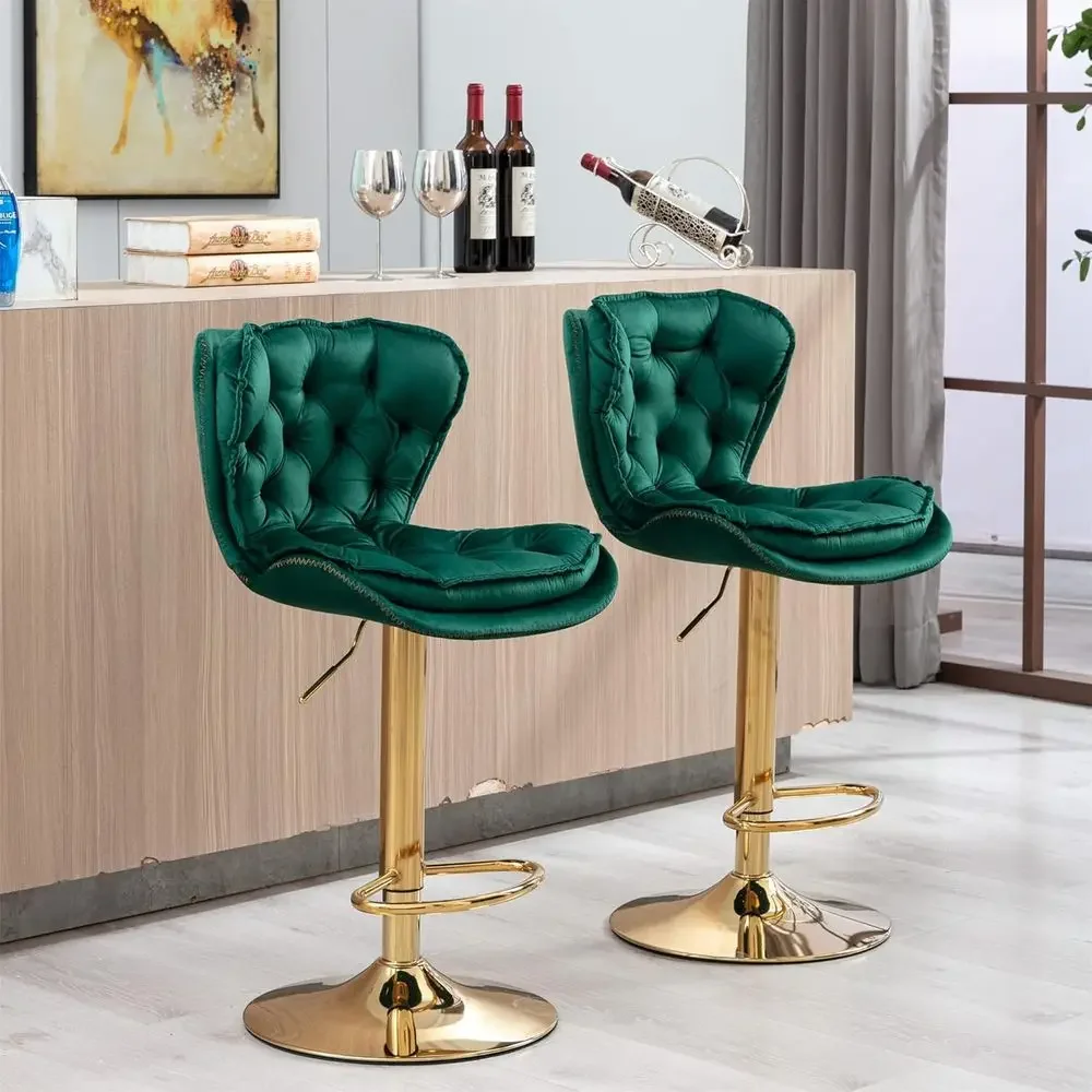 Swivel Pub Height Barstool, Velvet Seat Dining Chair, Hydraulic Counter Stool, Gold Base Island Stool Set of 2 Green