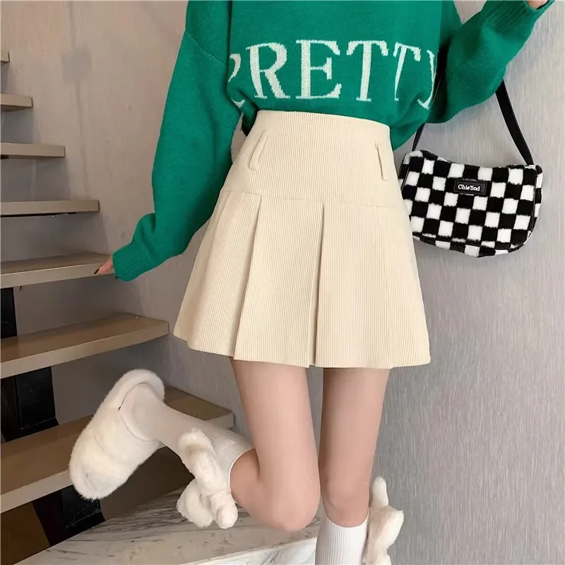 A-line Skirts Women Corduroy All-match Korean Fashion High Waist Streetwear Sweet Sexy Girls College Daily Autumn Mini Trendy