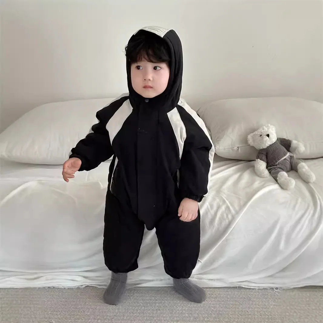 Baby Outdoor Clothing Autumn Baby Jumpsuit 2024 New Korean Children Clothing Boys Patchwork Hooded Rompers