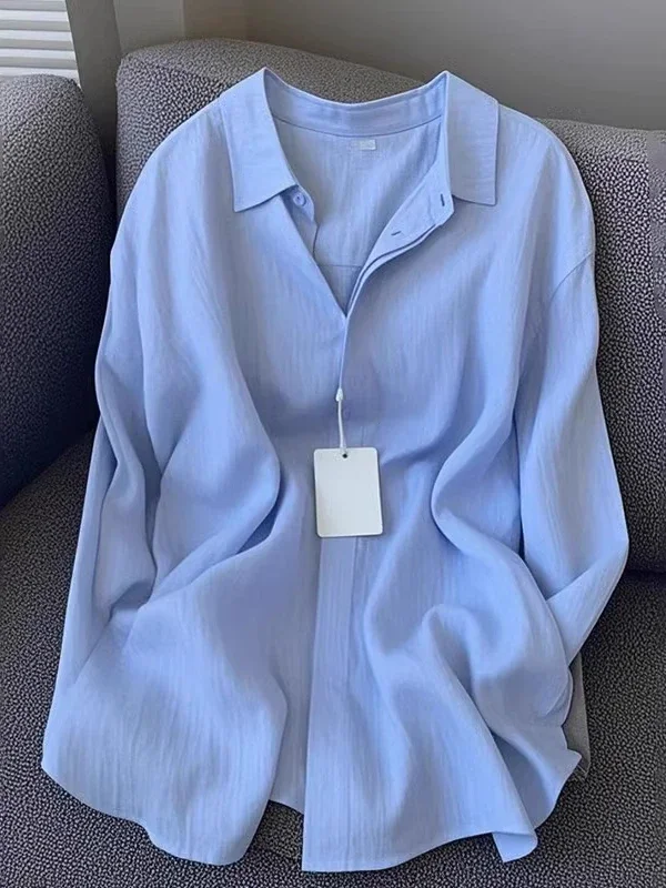 

Women Linen Shirt Casual Loose Long Sleeve Thin Summer Top Pure Color Turn Down Collar French Style Sunscreen Clothing
