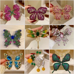 French Retro High-grade Luxury Palace Full Zircon Red Blue Butterfly Dragonfly Brooches for Women Elegant Temperament Broche Pin