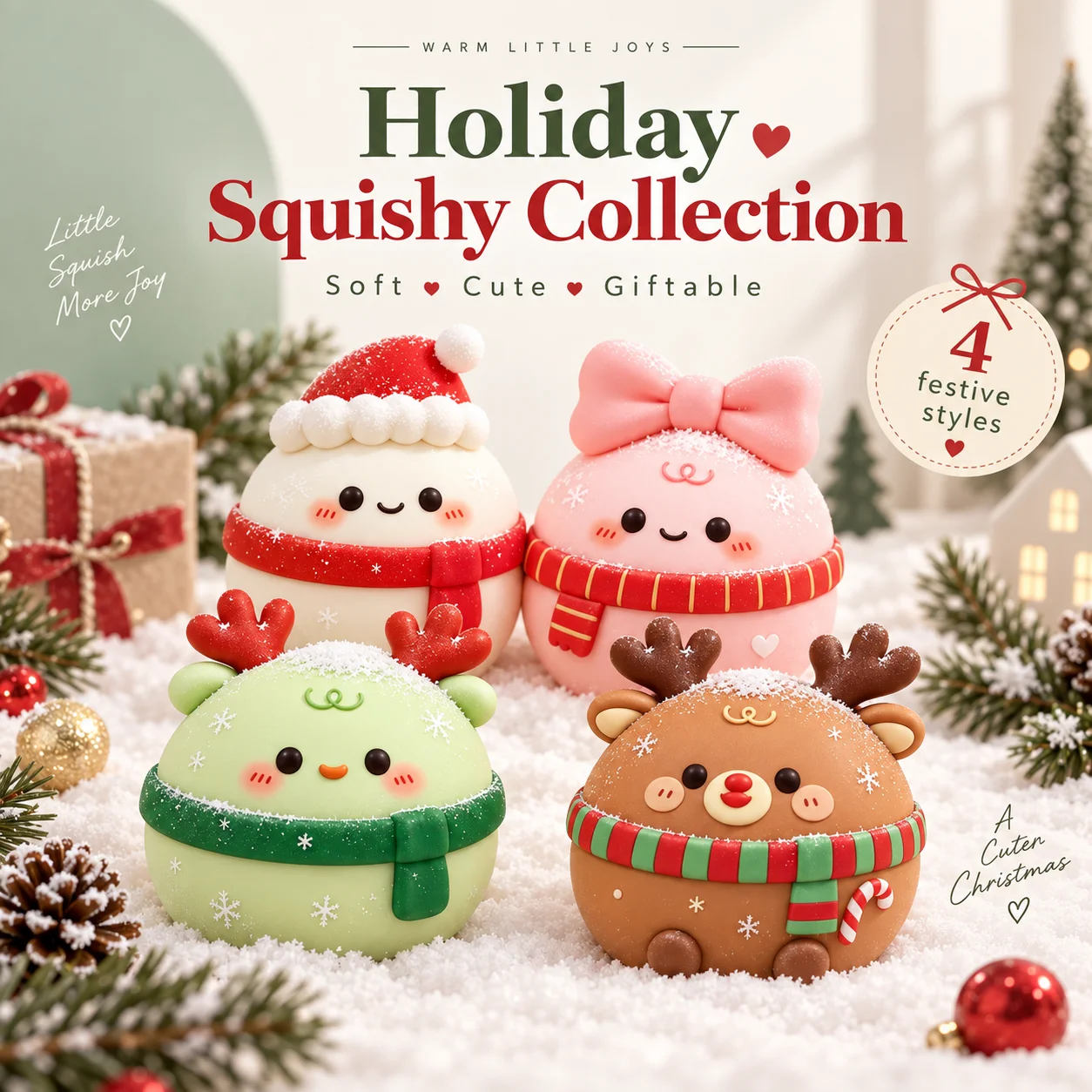 Christmas Daifuku Mochi Squishy Slow Rising Soft Squeeze Fidget Sensory Stress Relief Cute Cartoon Desk Decor Novelty Gift