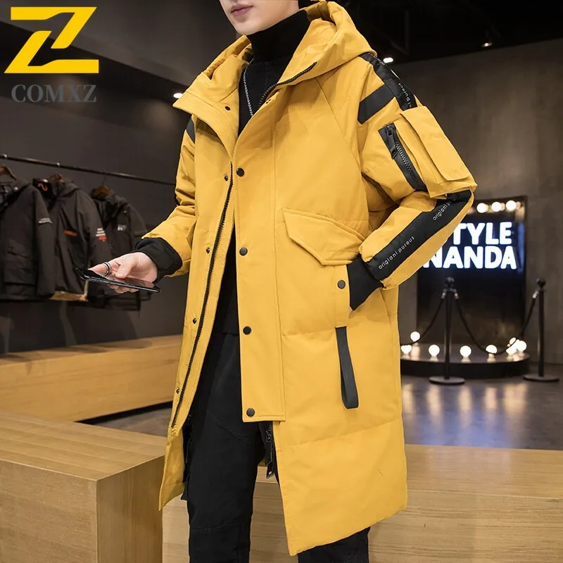 COMXZ 2025 Mens Winter Thickened Long Fleece Puffer Jacket Waterproof Windproof Casual Sport Hooded Coat Lightweight Windbreaker