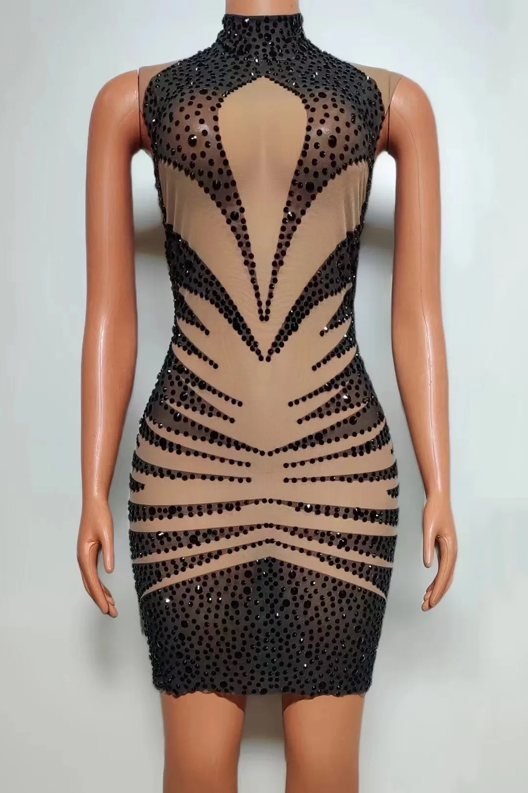 Sweet And Spicy Pattern Diamond Mesh Sleeveless High Collar Party Sexy Medium Skirt Nightclub Bar Performance Clothing