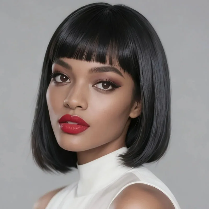 

Black 12 inch synthetic straight wig with bangs, suitable for women's daily role-playing parties