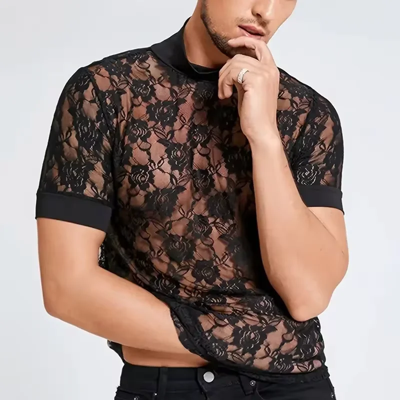 男性用の通気性のある伸縮性のあるメッシュTシャツ,セクシーな透かし彫りのTシャツ,フィットトップ,半袖,スポーツマッスルスポーツ,透明,夏,エレガント