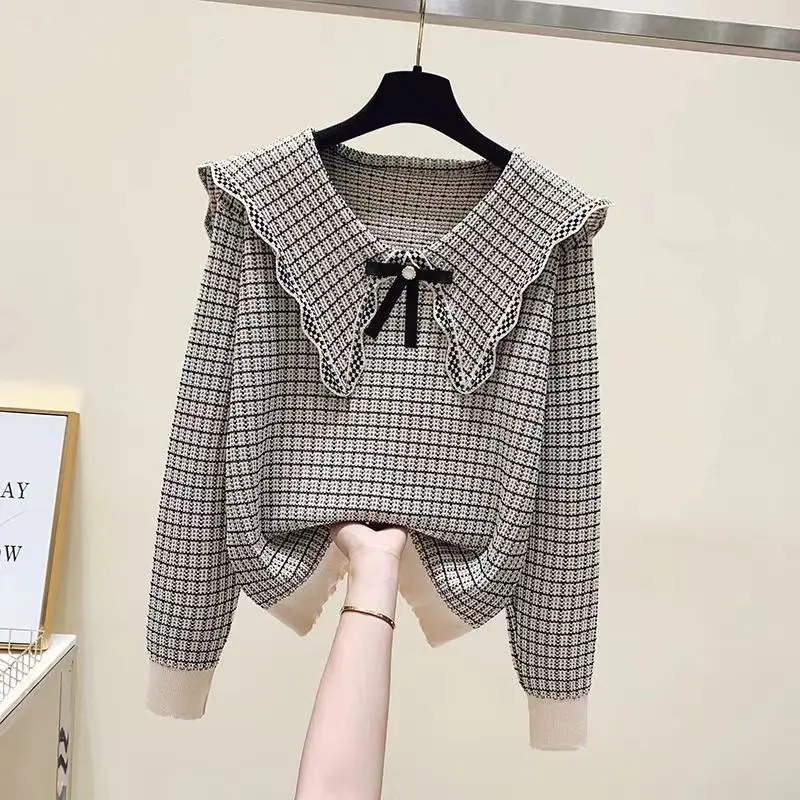 

Temperament Beauty Doll Neck Top Autumn/Winter Small Fragrant Wind Women's Loose Striped Jacquard Long Sleeved Sweater Knitwear