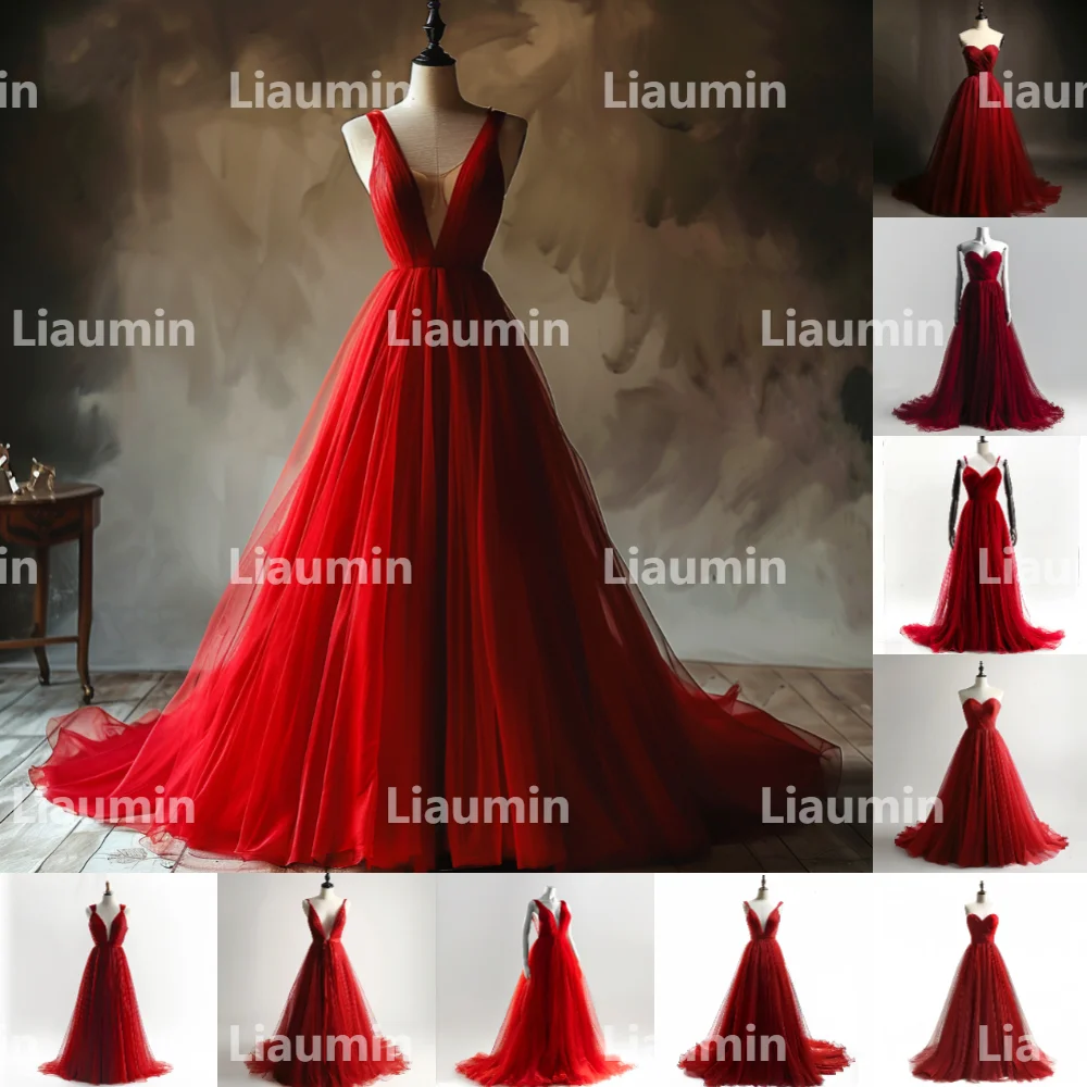 Custom Made Red Tulle Strapless Or V Neck Evening Prom Dresses Bridal Gowns Floor Length Formal Occasion Party Clothing W15-40