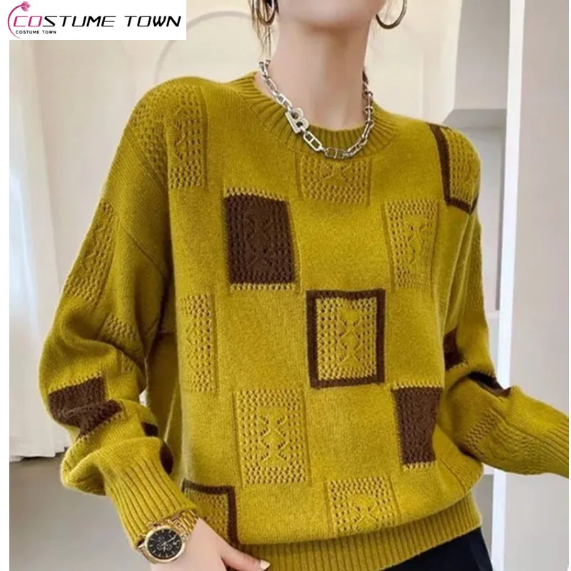 Versatile 2023 Autumn/Winter New Color Block Checkered Knitted Sweater Retro Round Neck Fashion Knitted Sweater Trend