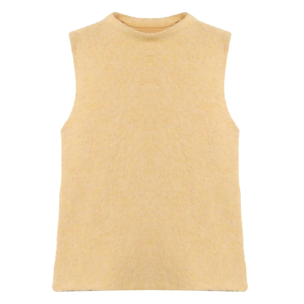 Loose straight cut yellow women's knitted vest #T2645