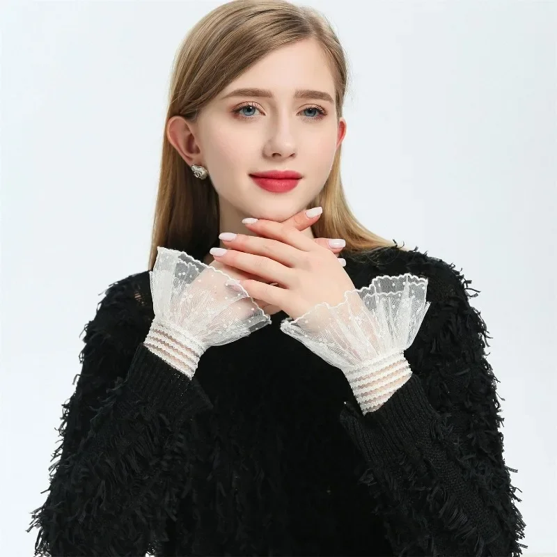 新しい取り外し可能な袖口レースメッシュ偽フレアスリーブ女性プリーツフレアスリーブフリルリストバンド装飾アクセサリー