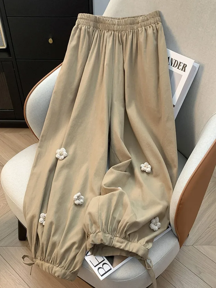 Harajuku Style Cotton Lantern Pants Women's Loose High Waist Cover Hip Belted Nine Points Cuffed Harem Pants Floral Decorations