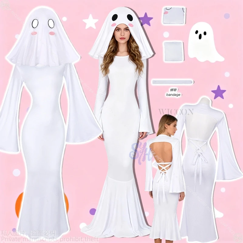 

Kawaii Cute Ghost Anime Halloween Costume White Wedding Dress Backless Sexy Lolita Stage Performance Horror Bride Outfit