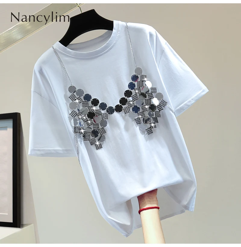 Crystal-Studded Sequins Two-Piece Set Top Women's Tshirt 2024 Summer Korean Style Solid Color Round Neck Short Sleeves T-Shirt