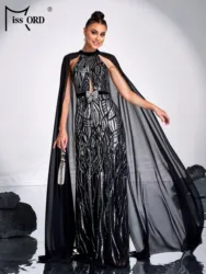 Missord New Church Dress Round Neck Sexy Sequin Evening Gown Wedding Birthday Party Formal Occasion Floor Length Cutout Dress