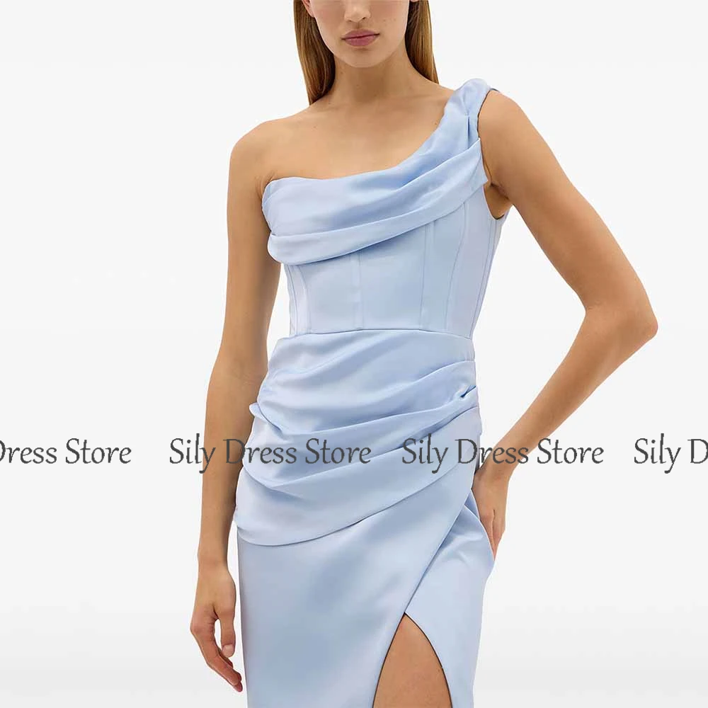 

Customized Modern Women's Cocktail Party Gowns Satin Sheath/Column Valentine's Day Dress One-shoulder Pleat Side Split Prom Gown