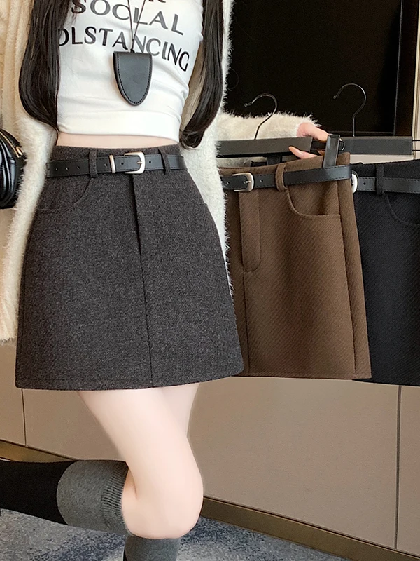 

plus Size Woolen Skirt Women's Autumn Winter Korean Style A-Line Skirts Black Fabric Anti-Light Short Skirts