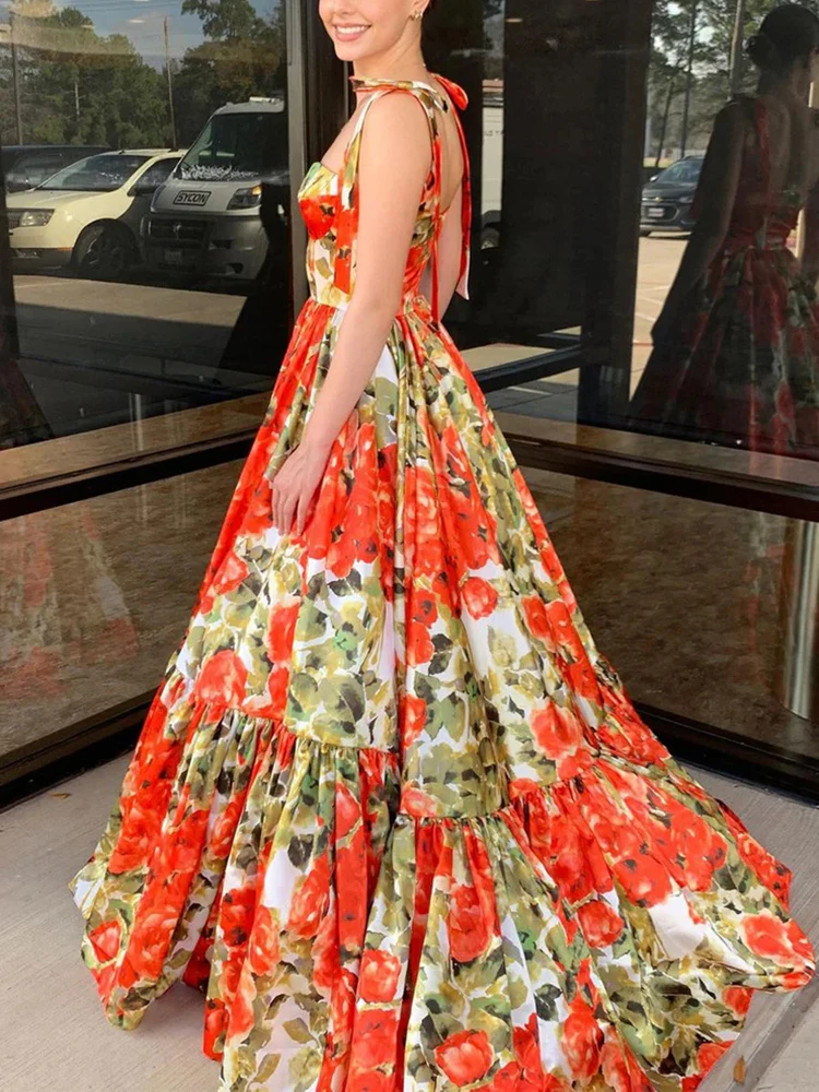 New Backless Printing Big Swing Dresses Spring Women Sleeveless Wrap the Chest Dress Summer High Waist Zipper Floor Length Dress