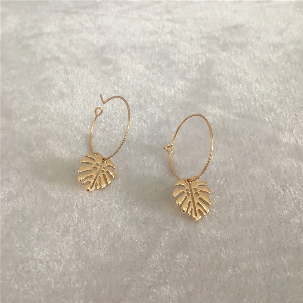 FASHION JEWELRY CASUAL GOLD COLOR PLATING PALM TREE LEAF THIN HOOP EARRINGS