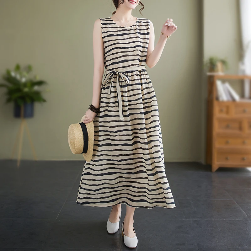 2023 Summer Vintage Print Striped V-neck Dresses Women Sleeveless Casual Loose Cotton Linen Dress Elegant Vestidos Robe Femme