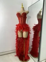 High Quality Women Sexy Straplss Crystals Diamonds Feather Luxury Party Dress Designer Mesh Transparent Performance Stage Outfit - Image 3