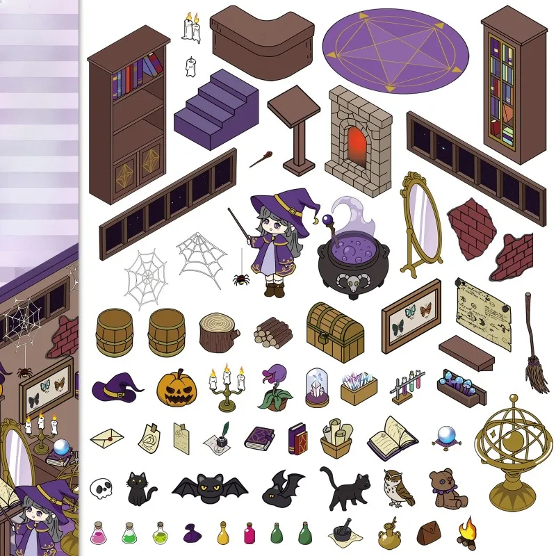 Magic House Diorama Stickers Cartoon 3D Miniature World PET Stickers for Scrapbooking Cartoon Fantasy Craft Kits DIY Stickers