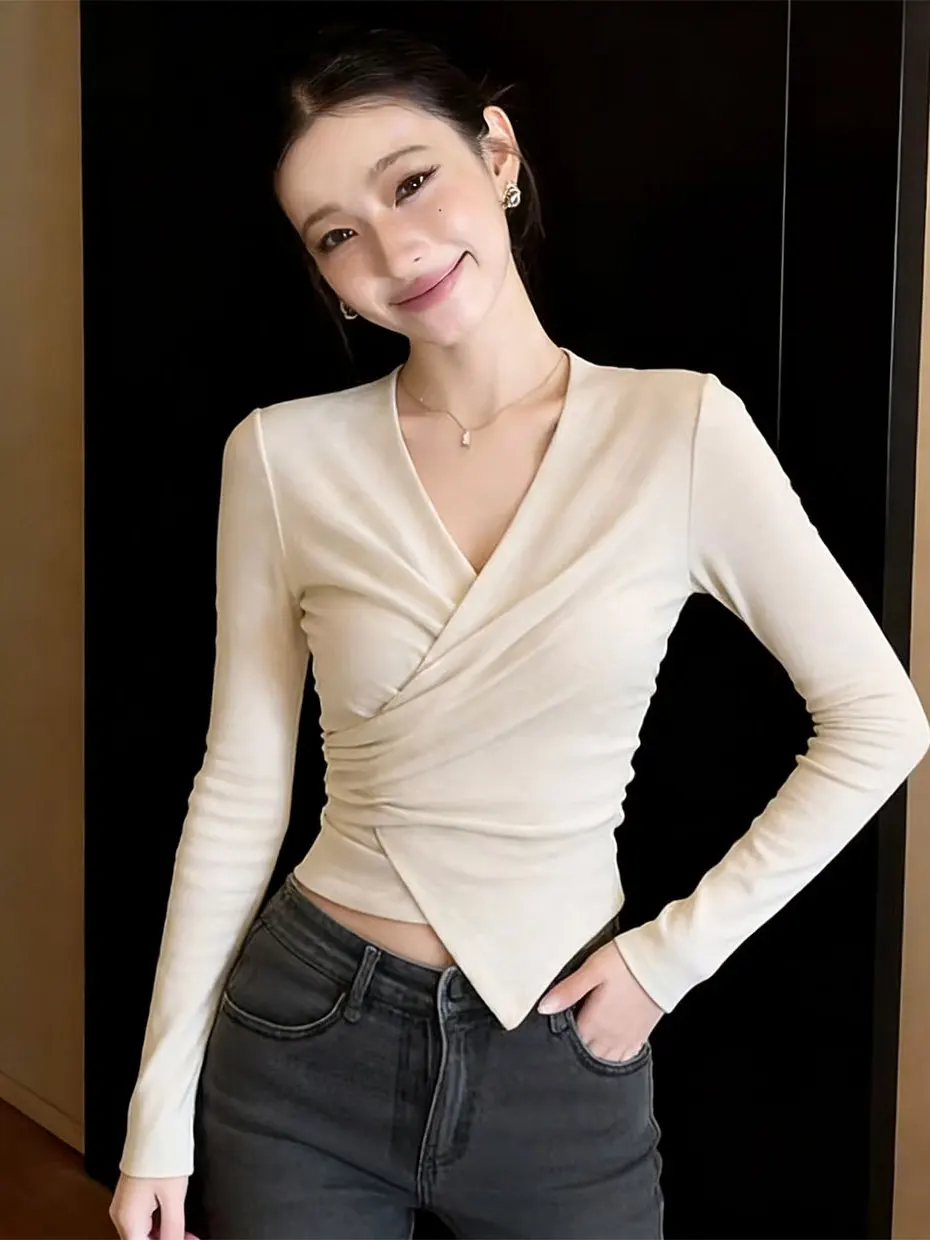 Spring Pure Desire Spicy Girl Cross V-neck Brushed Base Shirt Women's Autumn Winter Fashion Inner Wear Slim Short Top