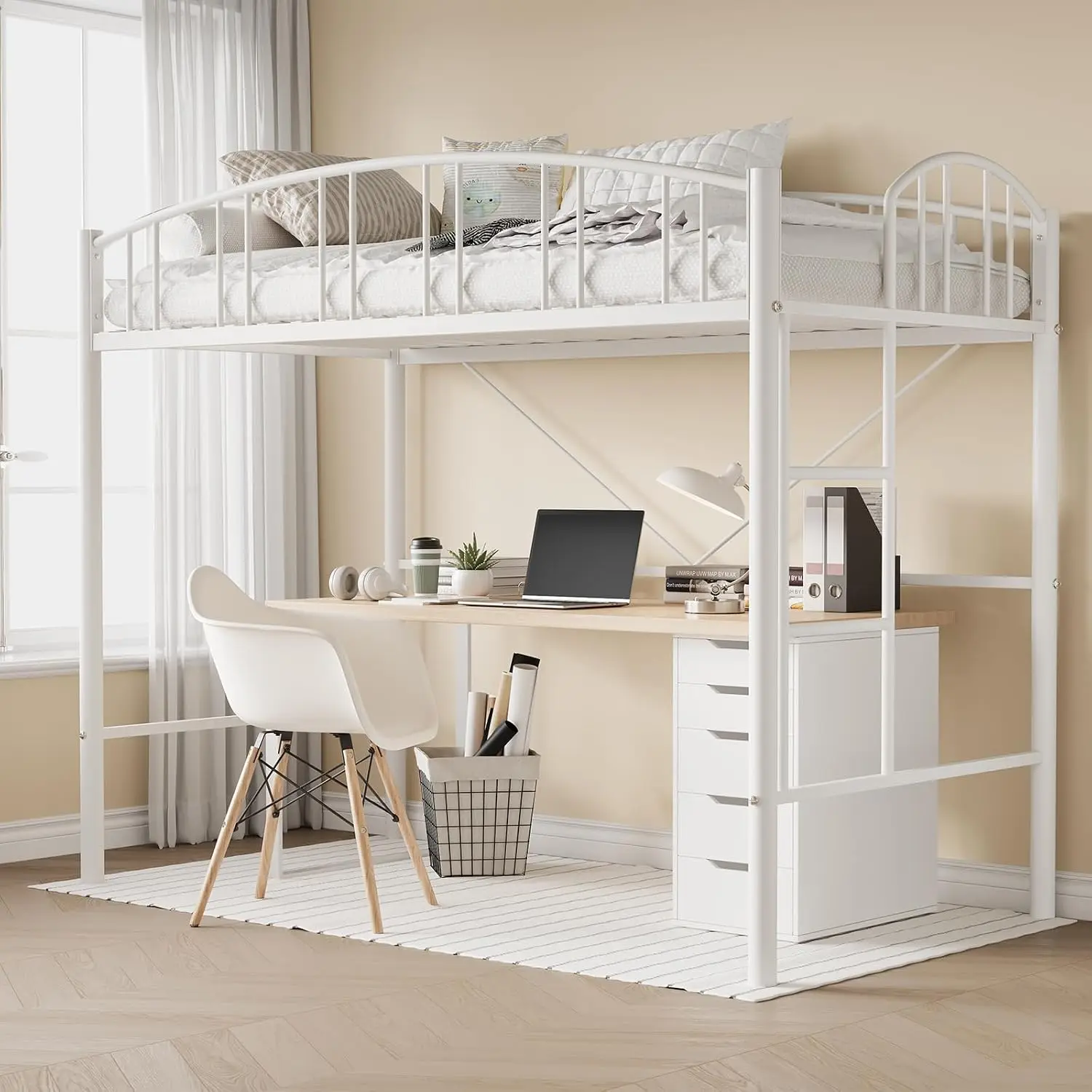 Loft Bed Twin Size,Heavy Duty Metal Loft Bed with Arched Guardrail & Safety Ladder,Space Saving Modern Design, No, Customized