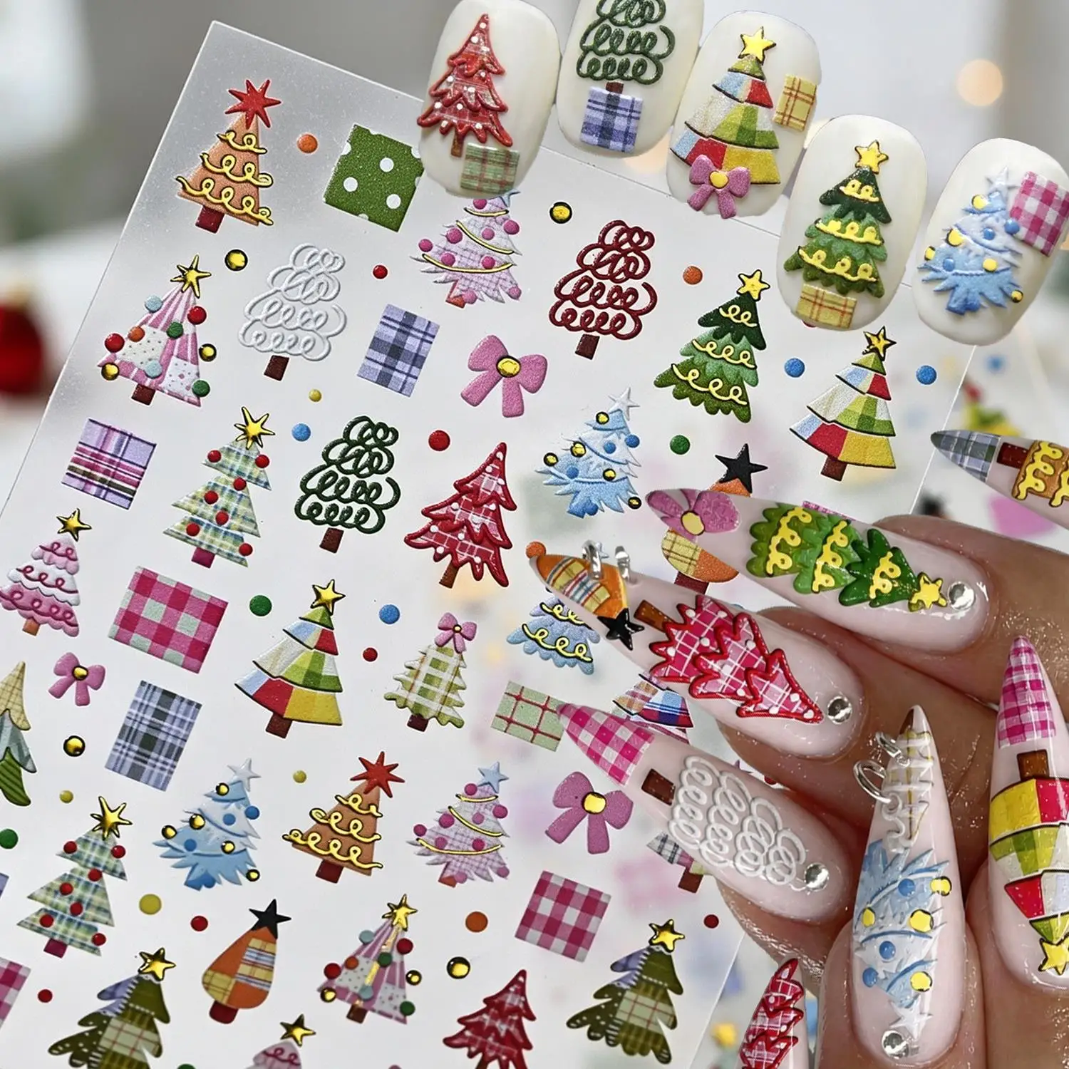 1Pcs Colorful Plaid Christmas Tree Nail Art Stickers Grid Pine Dots Self Adhesive Nails Decals Cloth Checkered Manicure Decor NK