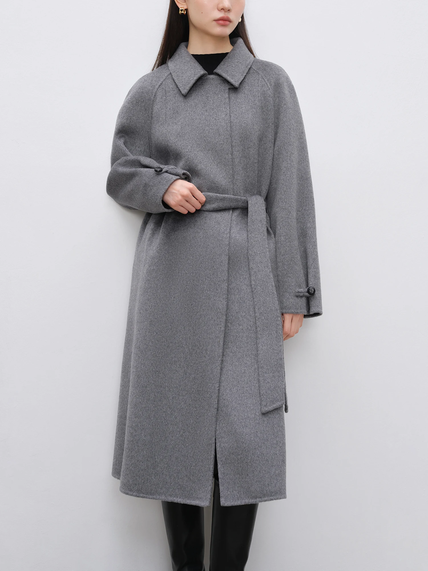 ZIQIAO Women 100% Wool Coats Winter Dark Grey Long Woolen Jackets Polo Neck Raglan Sleeve Loose Thicken Coat 24ZQ94341