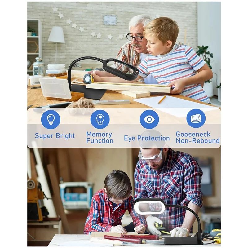 ABKO-Schwanenhals-LED-beleuchtete Schreibtischlampe mit 10-facher rechteckiger Lupe, inklusive Ständer – flexible 5 Farbmodi