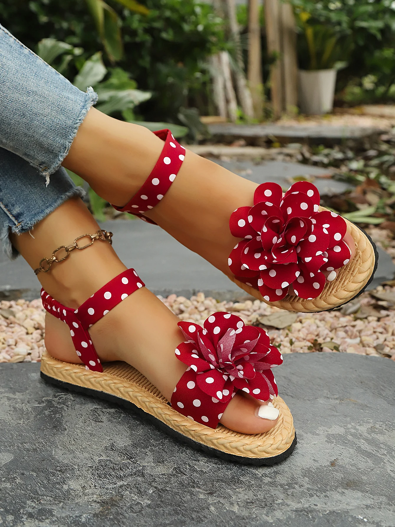 Flache Sandalen zum Hineinschlüpfen mit Schleife, Polka-Dot-Muster, weicher Boden, bequeme flache Schuhe für den Strandurlaub, Damen-Freizeitschuhe – Detail 8