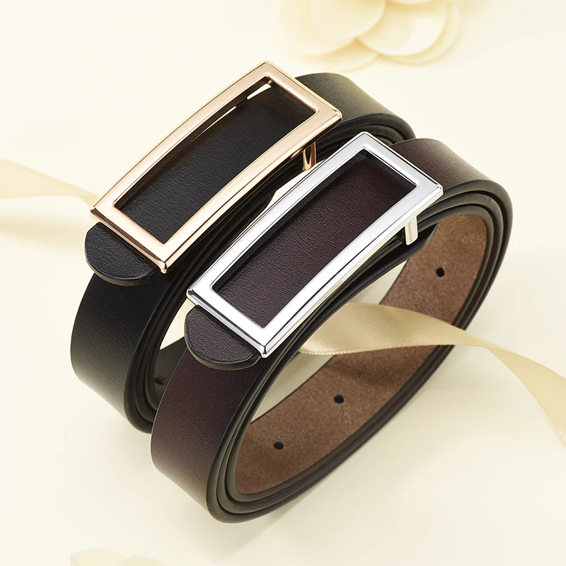 

Fashion Women Genuine Leather Belts Waist Belt Gold Solid Color Rectangle Buckle Waistband for Pants Jeans