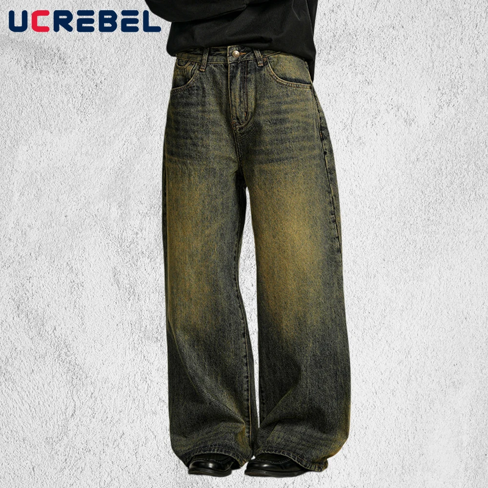 

Retro Dirty Jeans Mens Pocket High Street Washed Distressed Straight Wide Leg Baggy Denim Pants Man