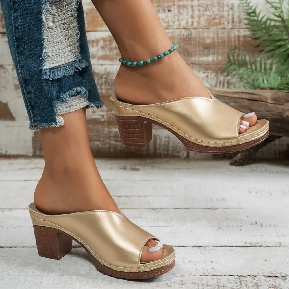 Women Chunky Block Heel Mule Sandals Open Toe Metallic Upper Turquoise Gem Decor Slip on Platform Slippers Ladies Summer Casual