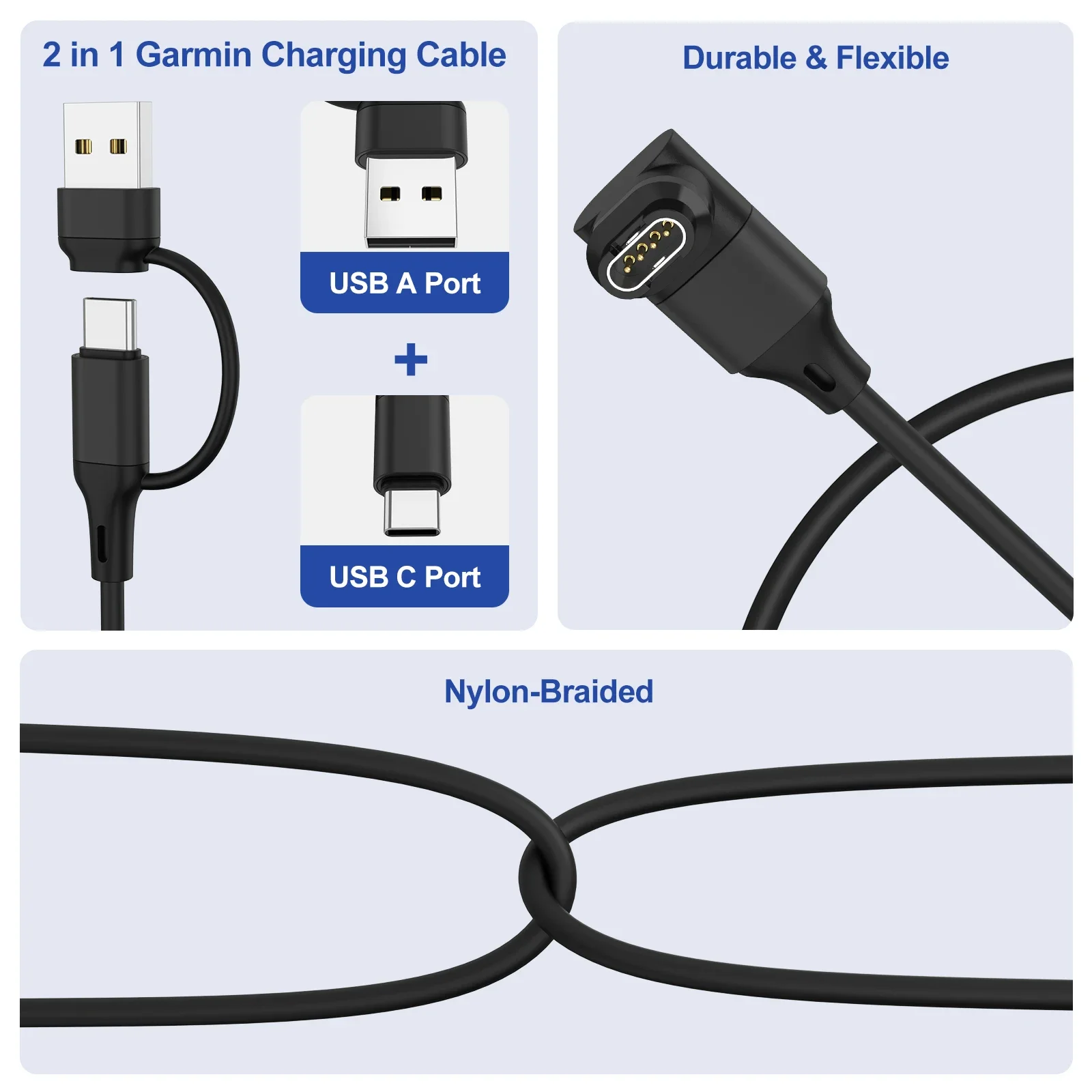 Cable cargador de reloj USB/Tipo C 2 en 1 para Garmin Fenix 8/E/7/7S/6/6X Venu2/Sq2/3/3S Instinct 3/2 Approach S70/S62/S42 Quatix 8/7/6