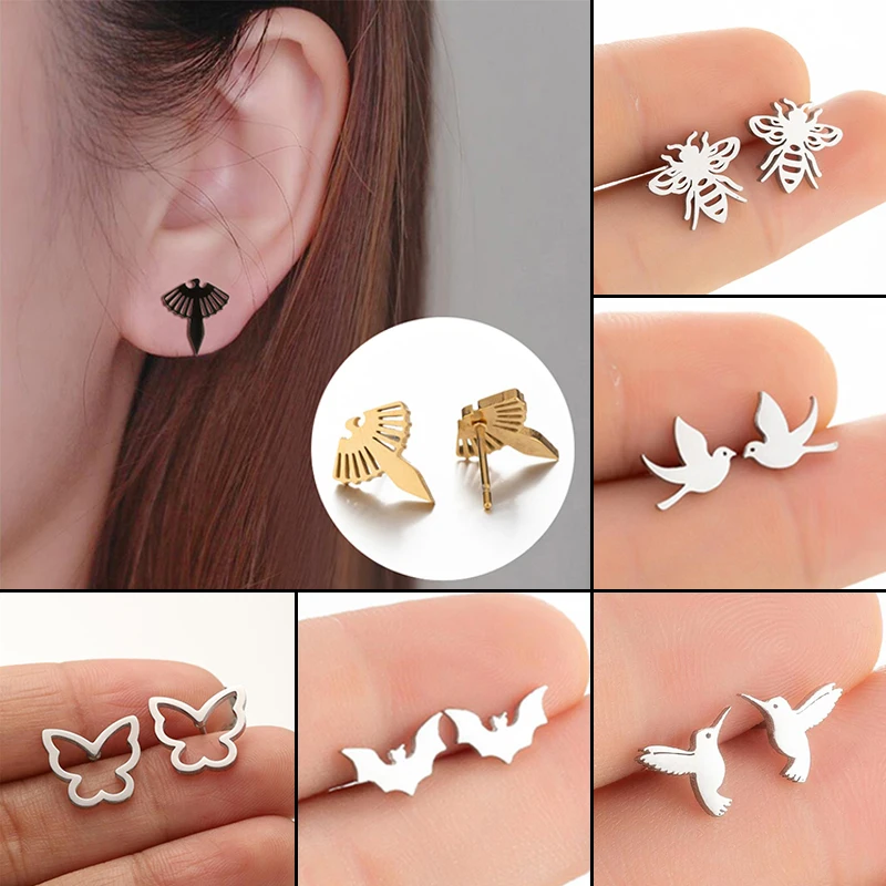 Vintage Stainless Steel Flying Animal Earring Bat Bee Ear Jewelry Girl Hummingbird Butterfly Earrings Gift Accessories Wholesale