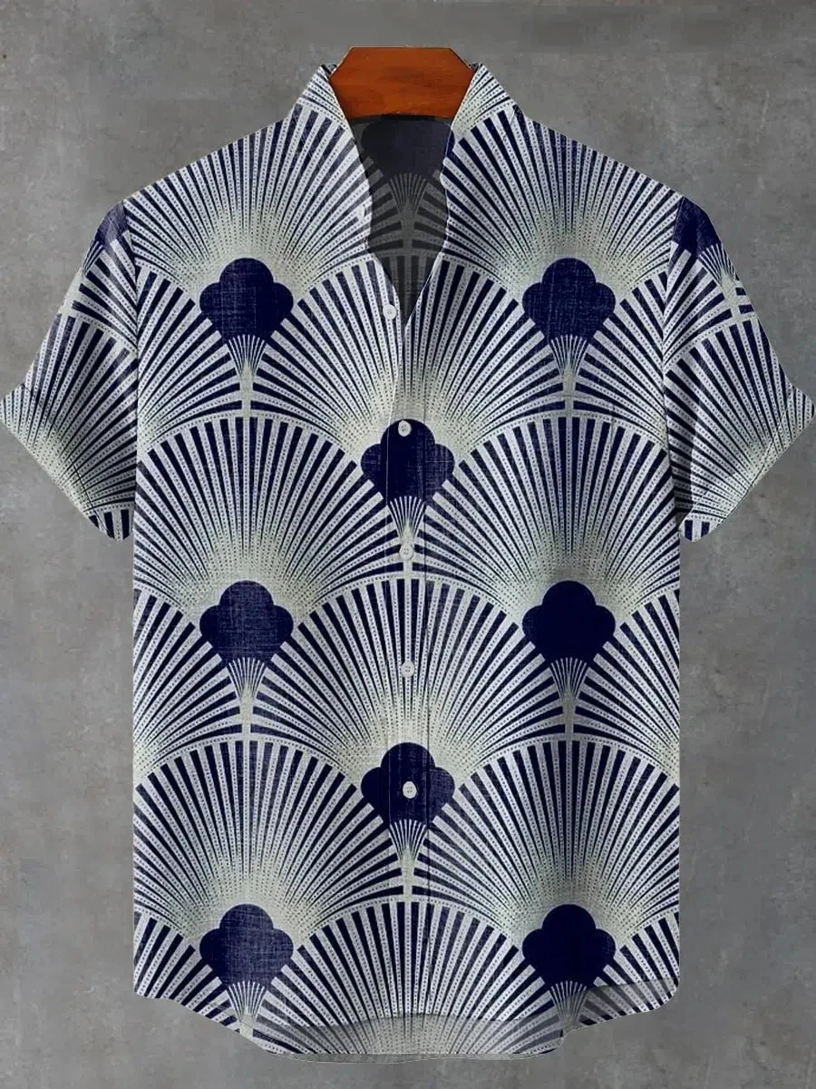 Men's summer new geometric digital print decorative pattern linen short sleeve shirt comfortable casual men's linen top