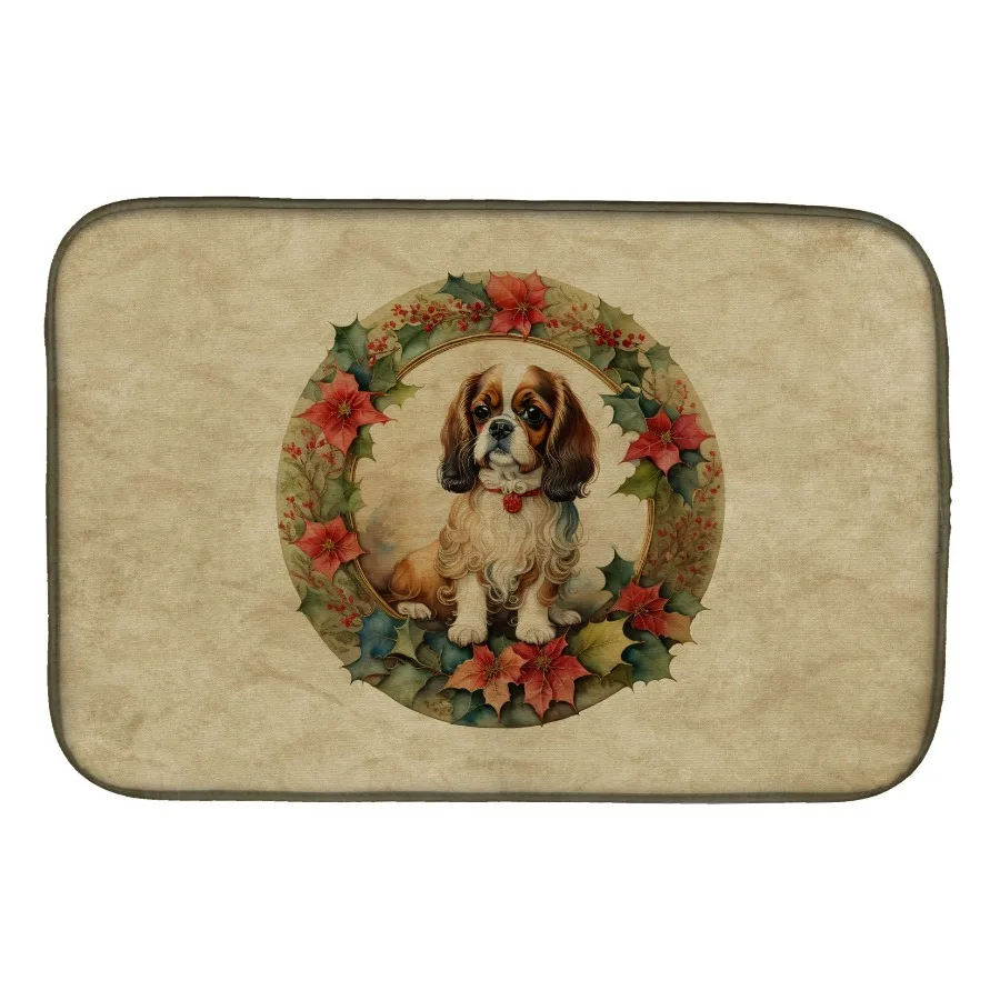 

English Toy Spaniel Christmas Flowers Dish Drying Mat Absorbent Dish Drying Mat Pad for Kitchen Counter Dish Drainer Mat for Co