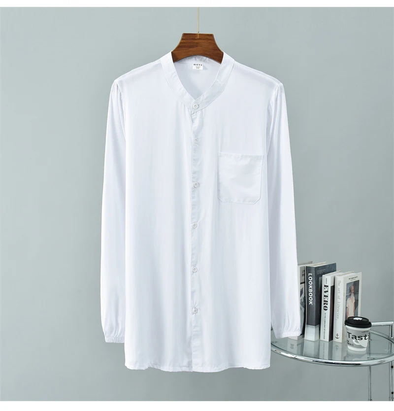 Summer Cotton Silk Men's Long-sleeved Shirt Simple Stand-up Collar Temperament Elegant Casual Shirt Comfortable Cool Home Wear
