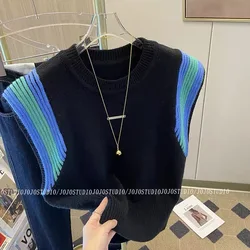 Korean Casual Knit Sweater Vests Women 2024 Summer Sleeveless O-neck Tops Knitwear Striped Fashion Loose Ladies Jumpers Vest