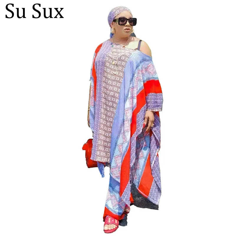 

Chiffon Pant Suits African Dresses For Women Dashiki African Clothes Bazin Plus Size Long Top and Wide Leg Pants Outfits 2022