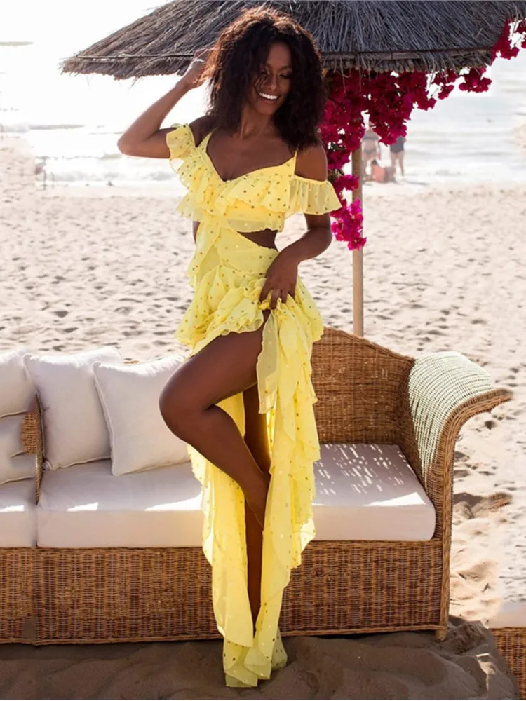 

Sexy Fashion Long Dress Women Summer Sequined Party Vacation Beach Spaghetti Strap V-neck Slim Off Shoulder Ruffle Hem Dresses