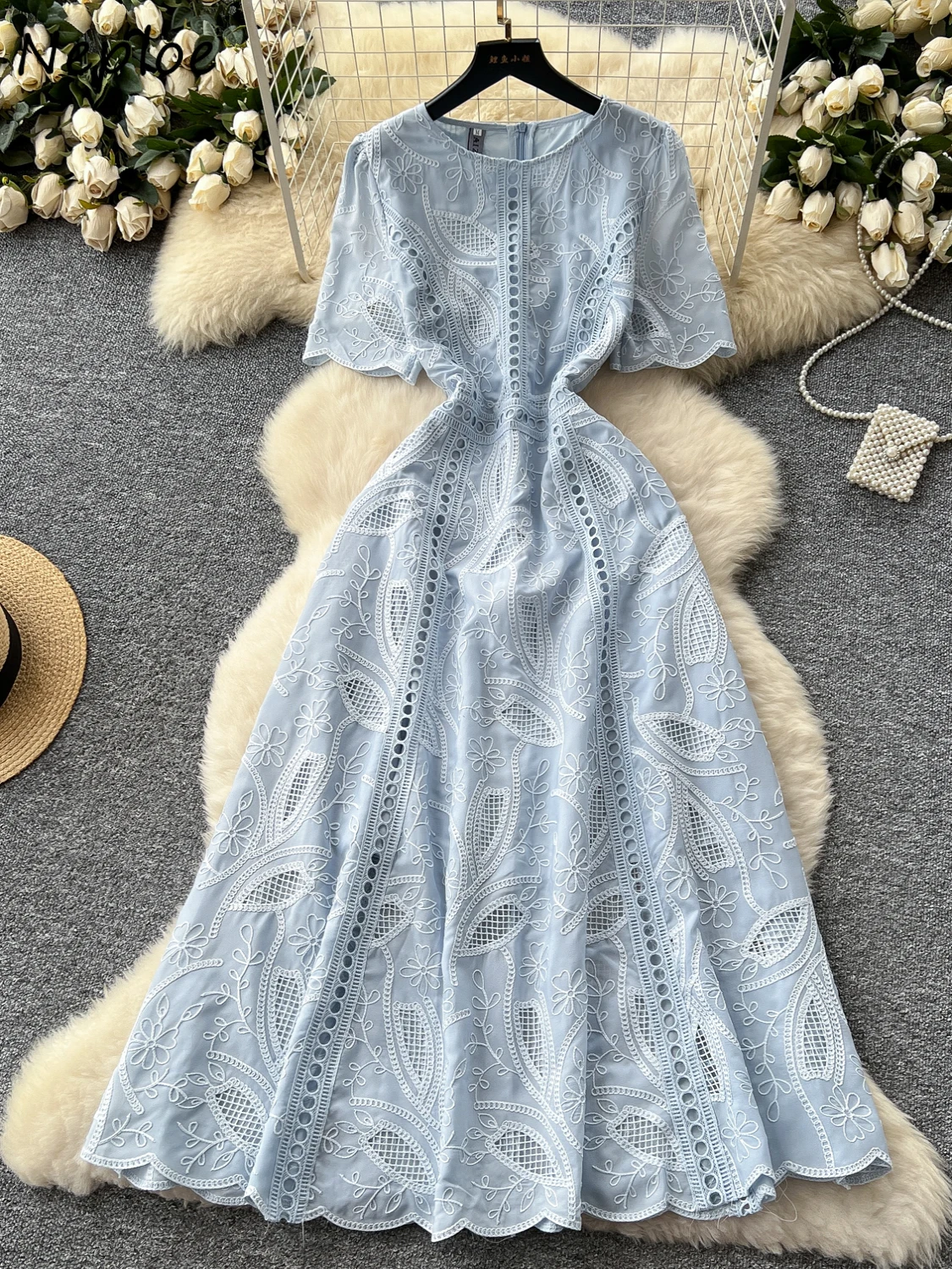 

Neploe Ethnic Style Harajuku French Style Robe Vintage Hollow Out Embroidery Slim Waist Mujer Moda Elegant Big Swing New Dress